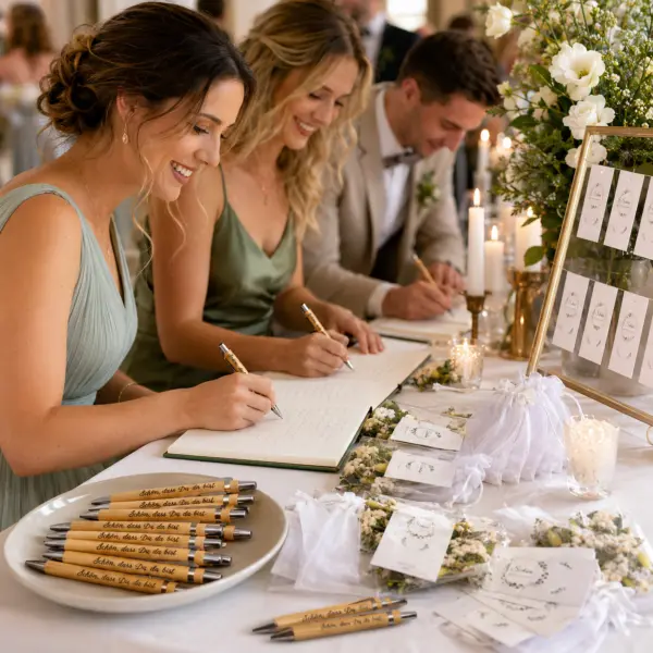 Elegantes Gastgeschenk-Set zur Hochzeit und anderen Fersten– „Schön, dass du da bist“ mit Bambus-Stift, Trockenblumen & Organzabeutel