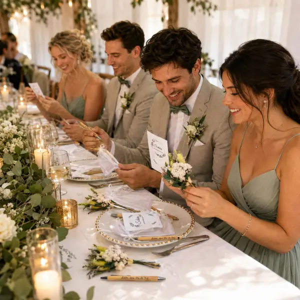 Elegantes Gastgeschenk-Set zur Hochzeit und anderen Fersten– „Schön, dass du da bist“ mit Bambus-Stift, Trockenblumen & Organzabeutel