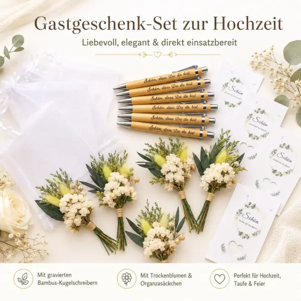 Gastgeschenke Hochzeit, Schön dass du da bist, Hochzeit Gastgeschenk, Gastgeschenk Set, Hochzeitsdeko, Tischdeko Hochzeit, Boho Hochzeit, Vintage Hochzeit, Greenery Hochzeit, Bambus Kugelschreiber Hochzeit, Kugelschreiber Gastgeschenk, Gästebuch Stift Hochzeit, Trockenblumen Gastgeschenk, Organzabeutel Hochzeit, Platzgeschenk Hochzeit, Dankeschön Gäste Hochzeit, kleine Geschenke für Gäste, Hochzeitsgeschenk Gäste, Gastgeschenke Taufe, Gastgeschenke Kommunion, Gastgeschenke Geburtstag, Tischdekoration Feier, personalisierte Hochzeit Deko, Geschenkidee Hochzeit, Erinnerung Hochzeit Gäste