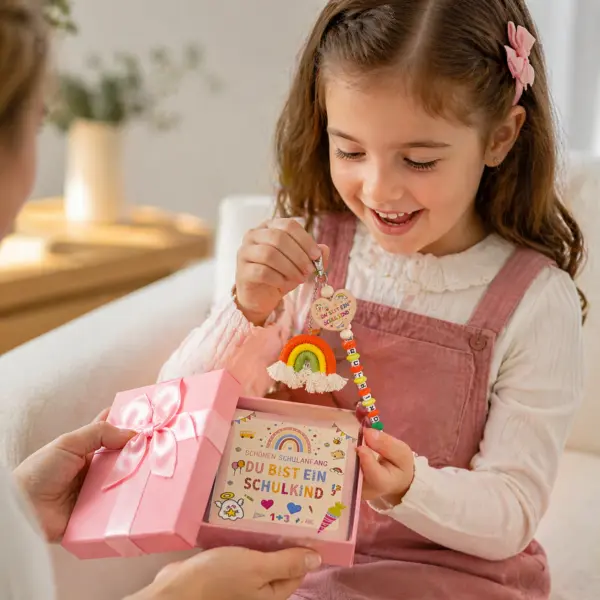 Geschenk für die Schule Mädchen Einschulungs-Anhänger mit Geschenkbox – bunter Schulkind Schlüsselanhänger mit ABC-Perlen, Herz-Anhänger & Regenbogen – Geschenk zur Einschulung