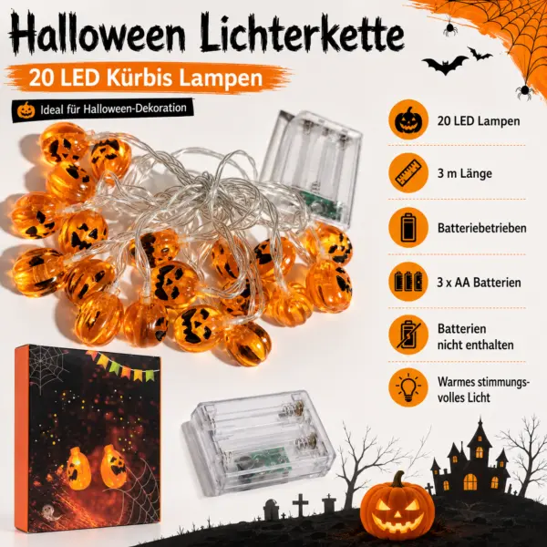 Halloween Lichterkette mit 20 LED Kürbissen – 3 m batteriebetriebene Kürbis-Lichterkette mit warmweißem Licht – Dekoration für Fenster, Tisch und mehr