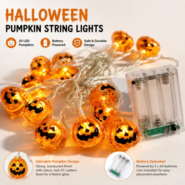 Halloween Lichterkette mit 20 LED Kürbissen Batterie Halloween Lichterkette mit 20 LED Kürbissen – 3 m batteriebetriebene Kürbis-Lichterkette mit warmweißem Licht – Dekoration für Fenster, Tisch und mehr