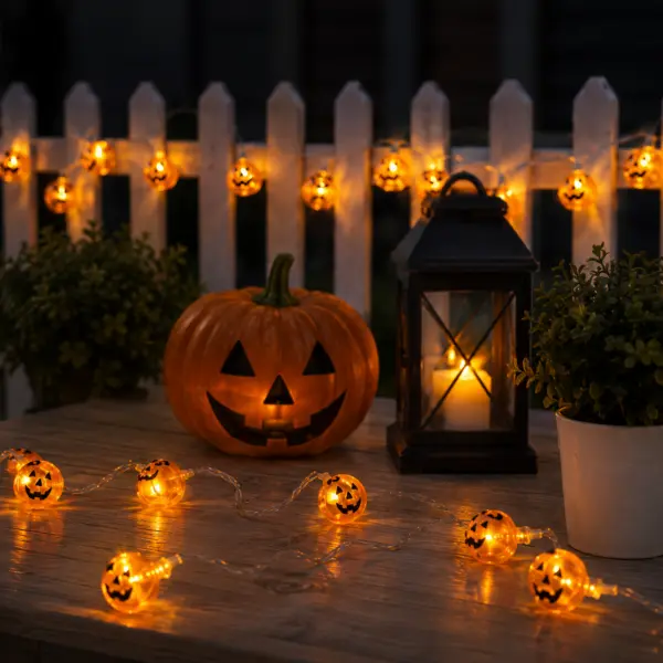 Halloween Lichterkette mit 20 LED Kürbissen im Garten Halloween Lichterkette mit 20 LED Kürbissen – 3 m batteriebetriebene Kürbis-Lichterkette mit warmweißem Licht – Dekoration für Fenster, Tisch und mehr