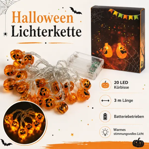 Halloween Lichterkette mit 20 LED Kürbissen mit Verpackung Halloween Lichterkette mit 20 LED Kürbissen – 3 m batteriebetriebene Kürbis-Lichterkette mit warmweißem Licht – Dekoration für Fenster, Tisch und mehr