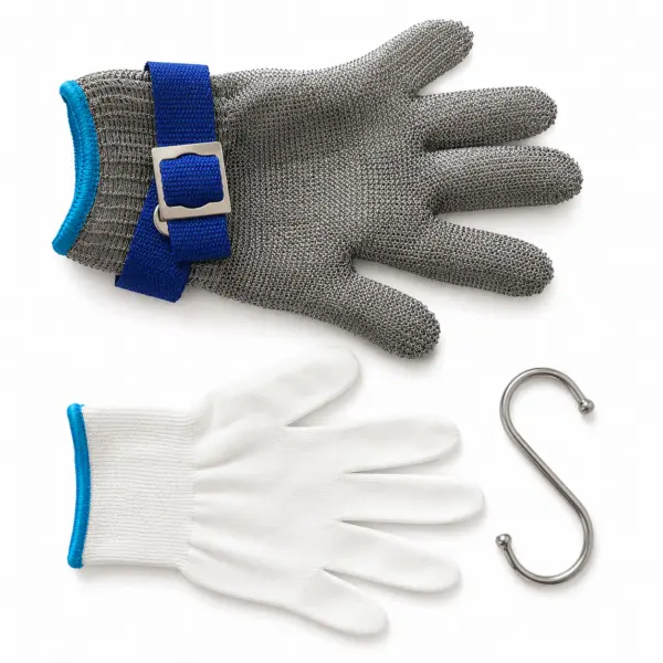 Schnittfester Handschuh Größe M mit verstellbarem Handgelenkband, lebensmittelecht, touchscreenfähig, waschbar, inkl. Nylonhandschuh & Aufhängehaken
