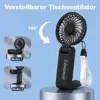 Linawee 3-in-1 Handventilator USB wiederaufladbar, 5 Stufen, 1800 mAh, leise, faltbar, mit LED-Display, Trageband, Schwarz