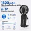 Linawee 3-in-1 Handventilator USB wiederaufladbar, 5 Stufen, 1800 mAh, leise, faltbar, mit LED-Display, Trageband, Schwarz