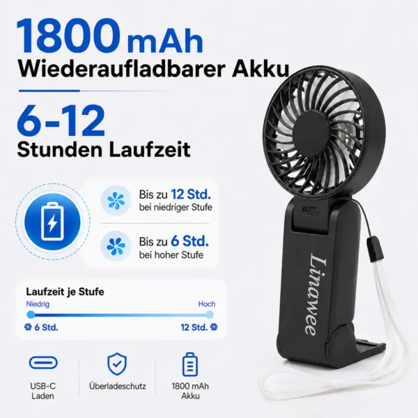 Linawee 3-in-1 Handventilator USB wiederaufladbar, 5 Stufen, 1800 mAh, leise, faltbar, mit LED-Display, Trageband, Schwarz