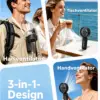 Linawee 3-in-1 Handventilator USB wiederaufladbar, 5 Stufen, 1800 mAh, leise, faltbar, mit LED-Display, Trageband, Schwarz