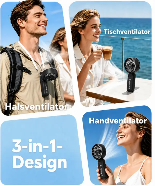 Linawee 3-in-1 Handventilator USB wiederaufladbar, 5 Stufen, 1800 mAh, leise, faltbar, mit LED-Display, Trageband, Schwarz