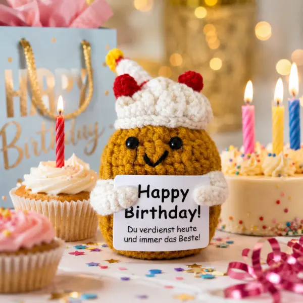 Happy Birthday Kartoffel Geschenkfigur mit Geburtstagsbotschaft Geburtstagsgeschenk für Freunde, Familie, Kollegen, Kinder Happy Birthday Kartoffel – süße gehäkelte Geschenkfigur mit Geburtstagsbotschaft/ Geburtstagsgeschenk für Freunde, Familie, Kollegen, Kinder