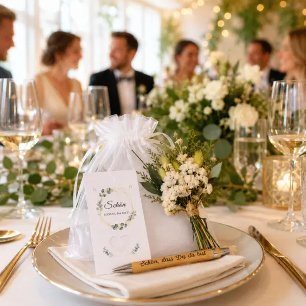 Elegantes Gastgeschenk-Set zur Hochzeit und anderen Fersten– „Schön, dass du da bist“ mit Bambus-Stift, Trockenblumen & Organzabeutel