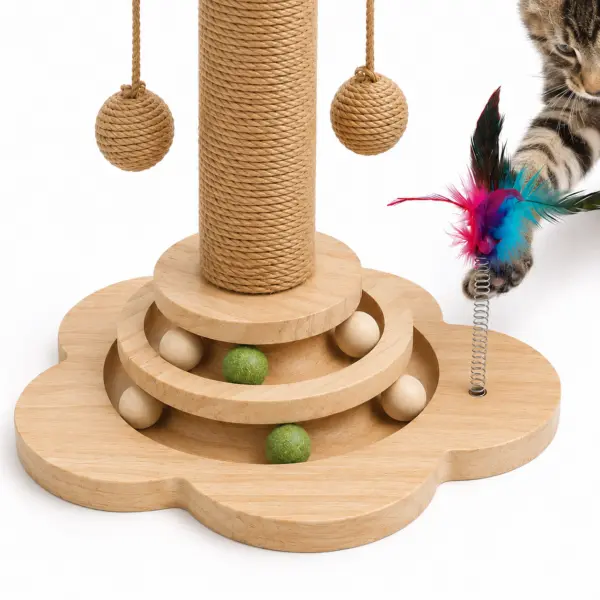 Holzkratzenbaum Interaktiver Katzenkratzbaum aus Holz, 44 cm – Kratzsäule mit Natur-Sisal, Kugelbahn, 6 Spielbällen, Hängespielzeug und Federwedel
