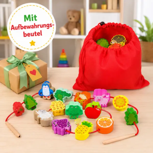 42-teiliges Fädelspiel aus Holz für Kinder – buntes Motorikspiel mit Tieren, Obst & Gemüse, Lernspielzeug mit Schnüren, Stäben & Aufbewahrungsbeutel