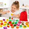 42-teiliges Fädelspiel aus Holz für Kinder – buntes Motorikspiel mit Tieren, Obst & Gemüse, Lernspielzeug mit Schnüren, Stäben & Aufbewahrungsbeutel