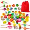 42-teiliges Fädelspiel aus Holz für Kinder – buntes Motorikspiel mit Tieren, Obst & Gemüse, Lernspielzeug mit Schnüren, Stäben & Aufbewahrungsbeutel