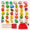 42-teiliges Fädelspiel aus Holz für Kinder – buntes Motorikspiel mit Tieren, Obst & Gemüse, Lernspielzeug mit Schnüren, Stäben & Aufbewahrungsbeutel