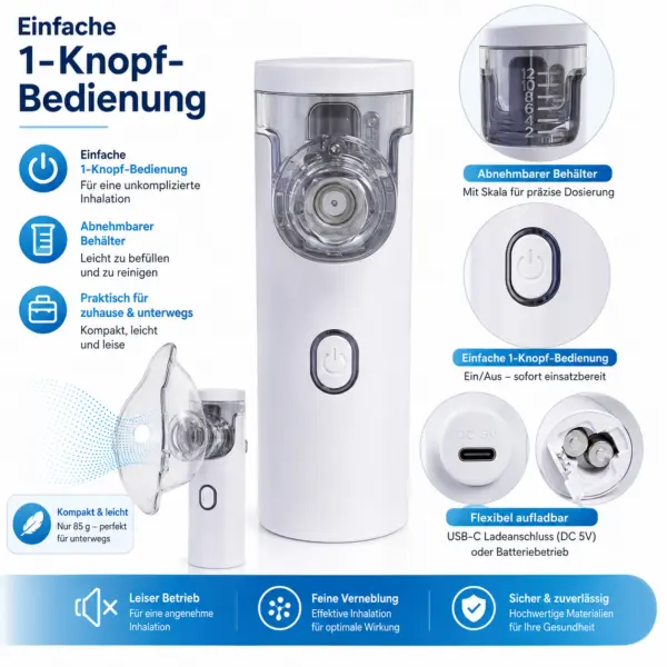 Inhalator für Kinder 3 Tragbarer Mini Inhalator – leise Vernebelung ≤30 dB, ideal für Kinder bei Asthma, Husten, Erkältung, Mini Vernebler für Zuhause und unterwegs