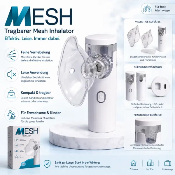 Inhalator für Kinder 3 Aufsätze Tragbarer Mini Inhalator – leise Vernebelung ≤30 dB, ideal für Kinder bei Asthma, Husten, Erkältung, Mini Vernebler für Zuhause und unterwegs