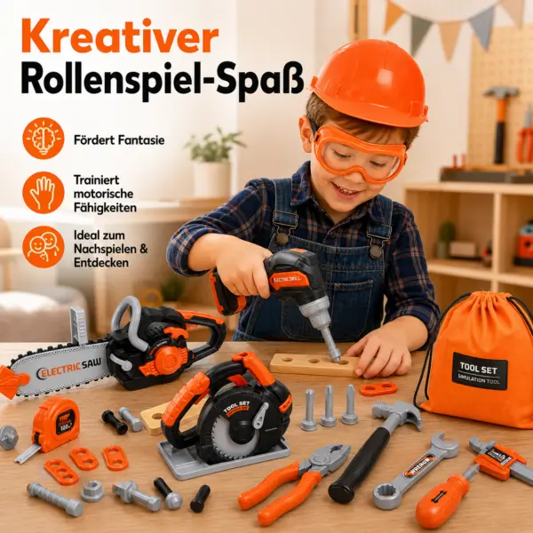 Kinder Werkzeugset ab 3 Jahren, großes Spielzeug-Werkzeugset mit elektrischer Kettensäge, Bohrmaschine & Kreissäge