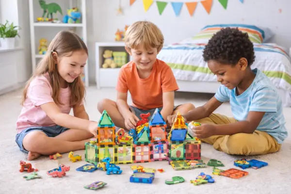 Magnetbausteine Dinosaurier Set – 54 Teile (42 Magnetblöcke + 12 Dino-Figuren) – Magnetisches Konstruktionsspielzeug für Kinder ab 3 Jahren