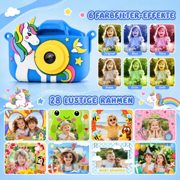 Kinderkamera Einhorn Blau – 20 MP, 1080P HD-Video, 32 GB Speicherkarte, Spiele & Silikonhülle