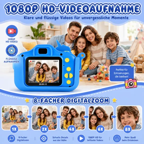 Kinderkamera Einhorn Blau – 20 MP, 1080P HD-Video, 32 GB Speicherkarte, Spiele & Silikonhülle