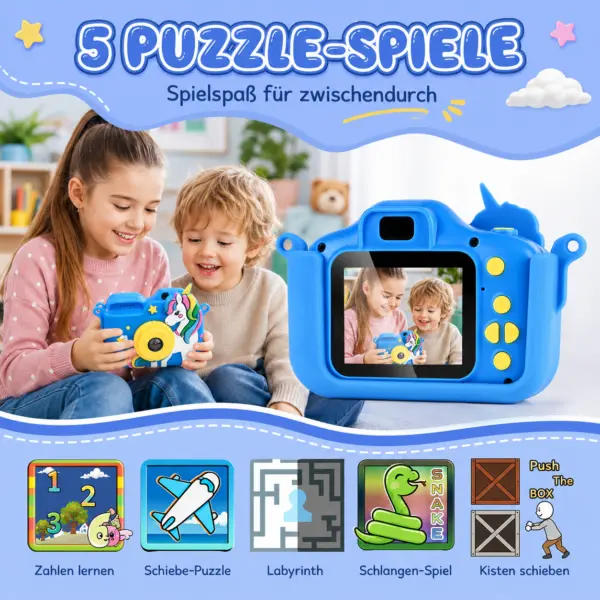 Kinderkamera Einhorn Blau – 20 MP, 1080P HD-Video, 32 GB Speicherkarte, Spiele & Silikonhülle
