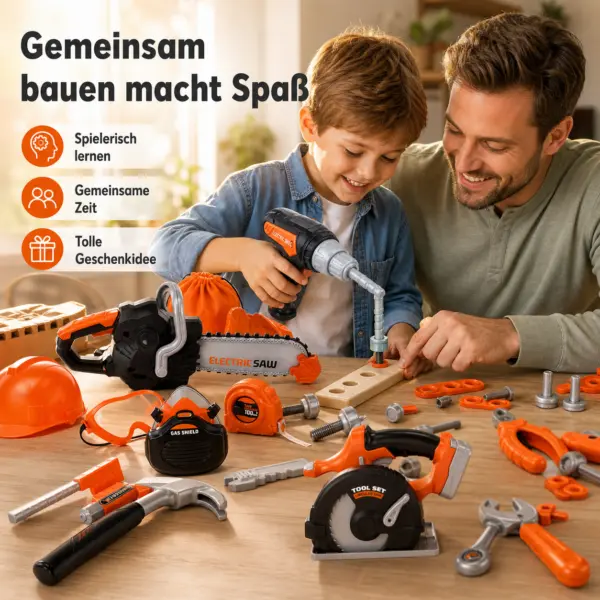 Kinder Werkzeugset ab 3 Jahren, großes Spielzeug-Werkzeugset mit elektrischer Kettensäge, Bohrmaschine & Kreissäge