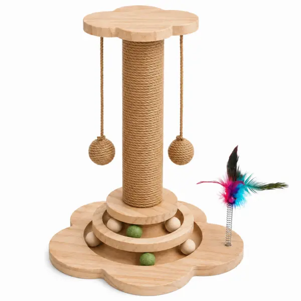 Kratzkatzenbaum Interaktiver Katzenkratzbaum aus Holz, 44 cm – Kratzsäule mit Natur-Sisal, Kugelbahn, 6 Spielbällen, Hängespielzeug und Federwedel