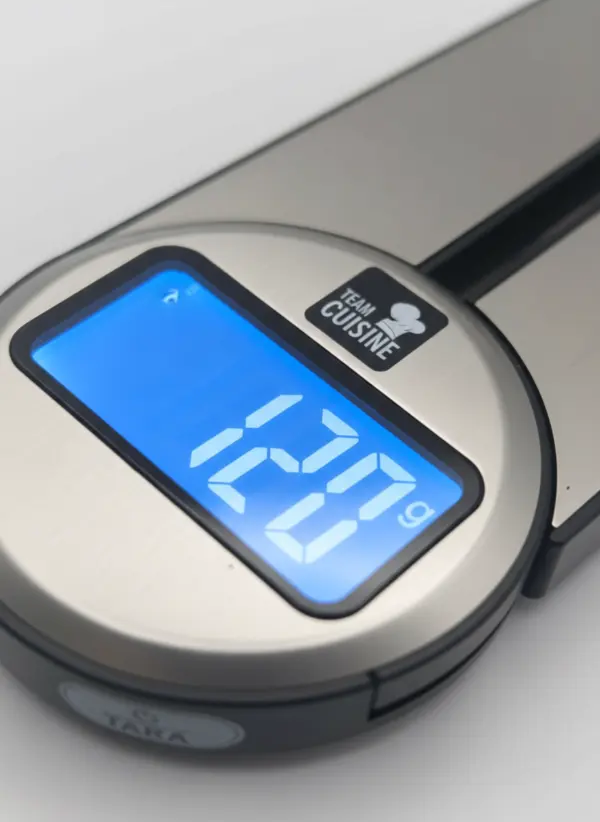 Digitale Küchenwaage klappbar – Präzision bis 5 kg, 1 g-Schritte, Edelstahl, beleuchtetes Display, platzsparend