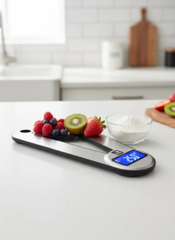 Digitale Küchenwaage klappbar – Präzision bis 5 kg, 1 g-Schritte, Edelstahl, beleuchtetes Display, platzsparend