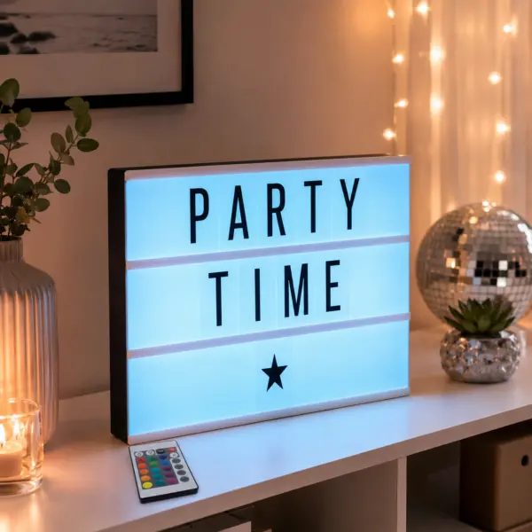 LED Lightbox A4 Leuchtbox mit Fernbedienung Party Time LED Lightbox A4 Leuchtbox mit Fernbedienung – 16 Farben, USB & Batteriebetrieb, 294 Karten – Party Box für Geburtstag, Hochzeit & Deko