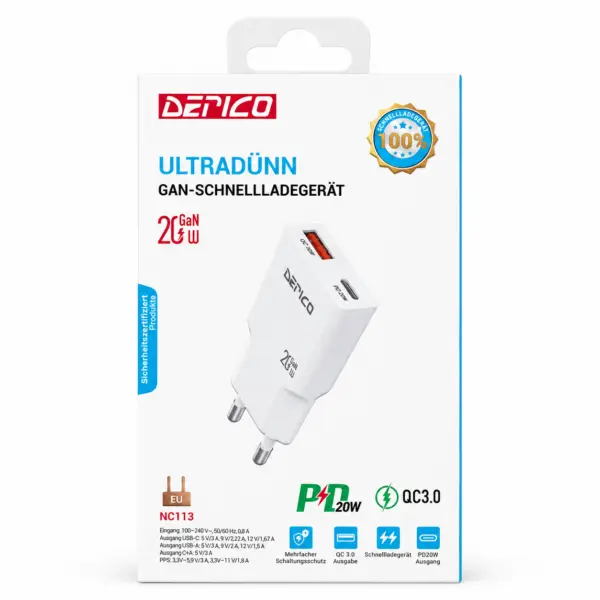 Ladegerät 20 W DERICO 20W Schnellladegerät – USB-C PD & USB-A QC 3.0 Netzteil mit 2 Anschlüssen, kompakter EU-Stecker für Smartphone, Tablet, Kopfhörer und mehr