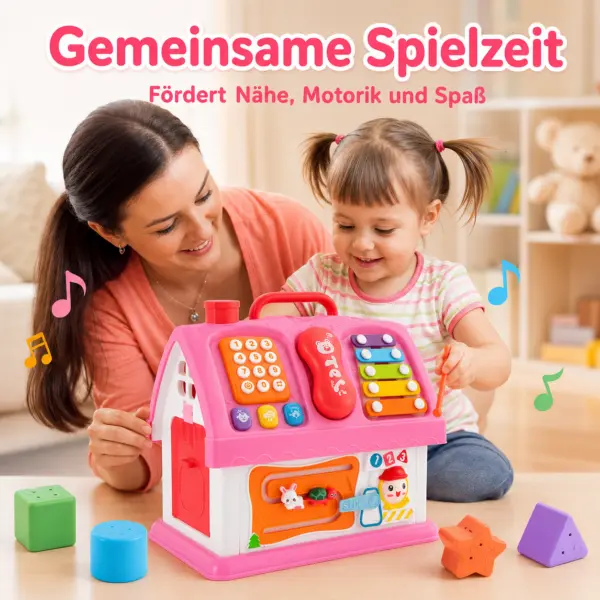 Montessori Haus Spielzeug ab 18 Monaten – Lernspielzeug mit Musik, Formen, Telefon, Xylophon, Steckspiel & Motorik-Spielhaus für Kleinkinder, Rosa