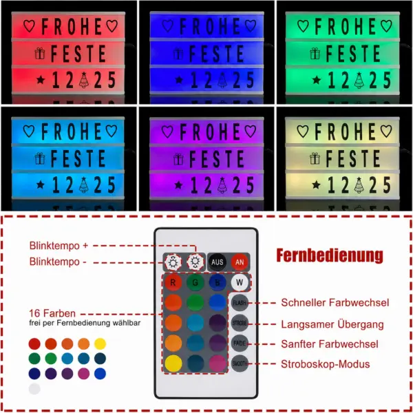 Lightbox LED Lightbox A4 Leuchtbox mit Fernbedienung – 16 Farben, USB & Batteriebetrieb, 294 Karten – Party Box für Geburtstag, Hochzeit & Deko
