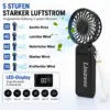Linawee 3-in-1 Handventilator USB wiederaufladbar, 5 Stufen, 1800 mAh, leise, faltbar, mit LED-Display, Trageband, Schwarz