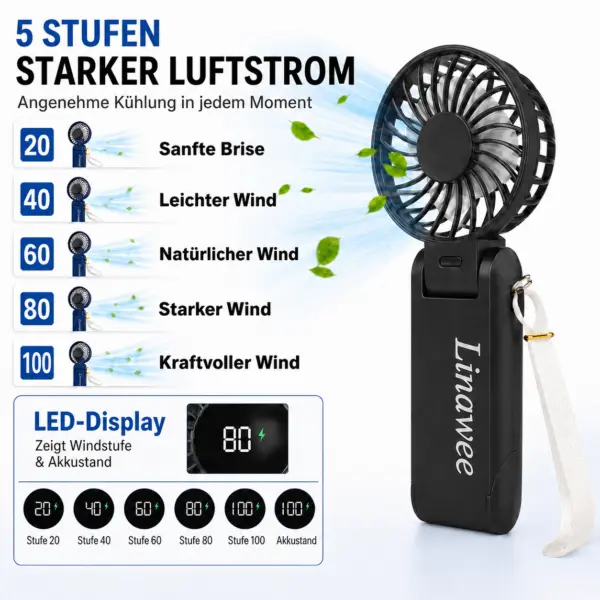 Linawee 3-in-1 Handventilator USB wiederaufladbar, 5 Stufen, 1800 mAh, leise, faltbar, mit LED-Display, Trageband, Schwarz