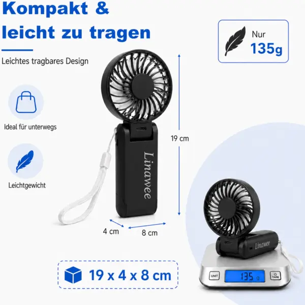 Linawee 3-in-1 Handventilator USB wiederaufladbar, 5 Stufen, 1800 mAh, leise, faltbar, mit LED-Display, Trageband, Schwarz