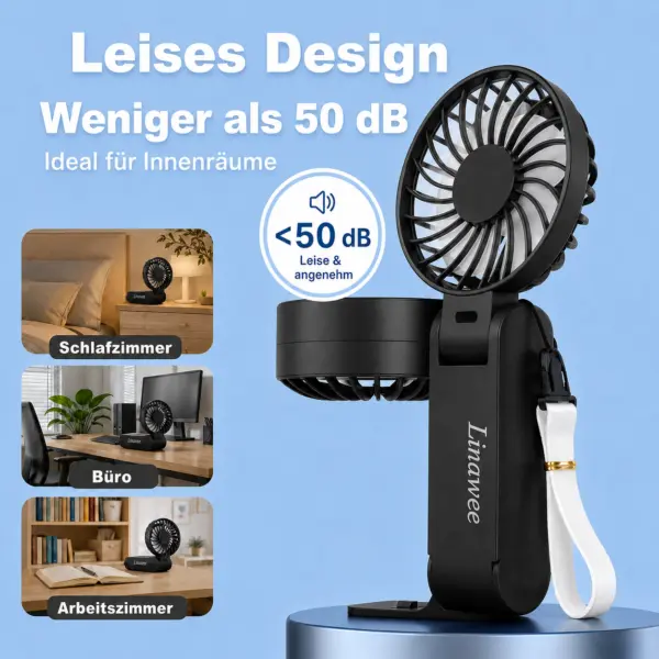 Linawee 3-in-1 Handventilator USB wiederaufladbar, 5 Stufen, 1800 mAh, leise, faltbar, mit LED-Display, Trageband, Schwarz