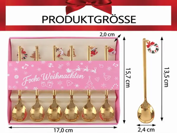 6-teiliges goldenes Weihnachtslöffel-Set – Kaffeelöffel mit Weihnachtsanhängern aus Edelstahl (13,5 cm)