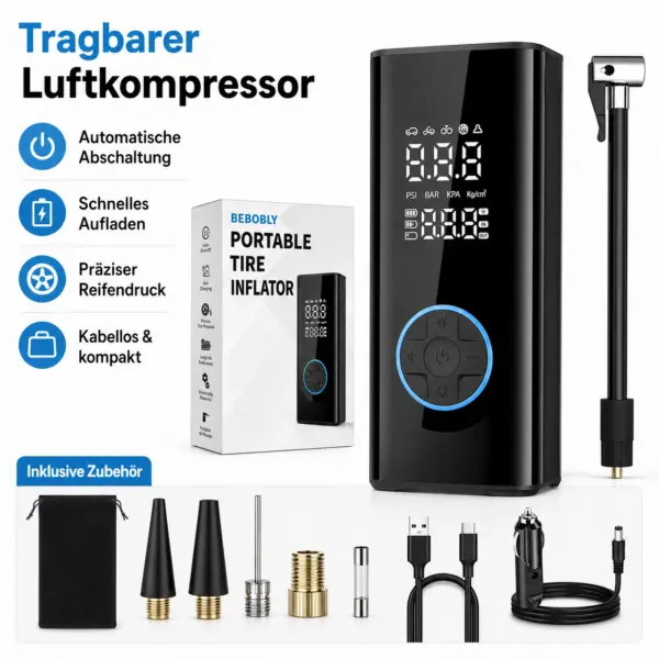 Luftkompressor mit Zubehör Akku-Luftkompressor tragbar bis 150 PSI – digitale elektrische Luftpumpe mit LCD-Display, LED-Licht, Auto-Abschaltung und 12-V-Autokabel
