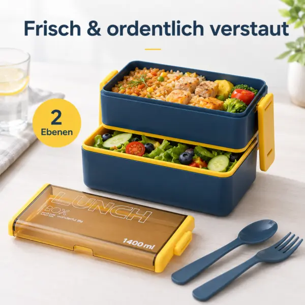 Lunchbox 1400 ml mit 2 Ebenen – stapelbare Brotdose mit Löffel & Gabel, blau-gelb, ideal für Schule, Büro, Picknick & unterwegs