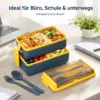 Lunchbox 1400 ml mit 2 Ebenen – stapelbare Brotdose mit Löffel & Gabel, blau-gelb, ideal für Schule, Büro, Picknick & unterwegs