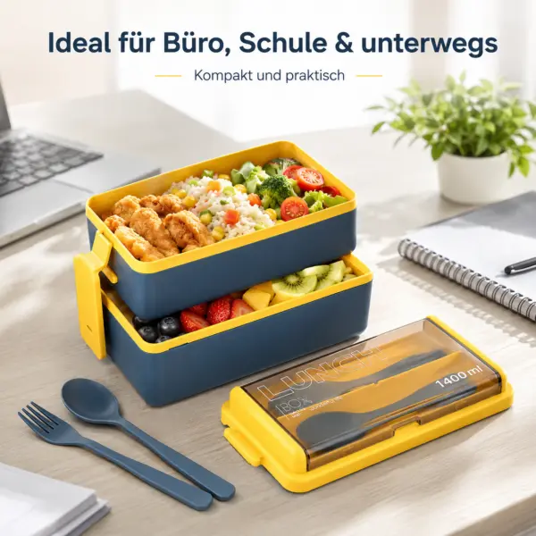 Lunchbox 1400 ml mit 2 Ebenen – stapelbare Brotdose mit Löffel & Gabel, blau-gelb, ideal für Schule, Büro, Picknick & unterwegs
