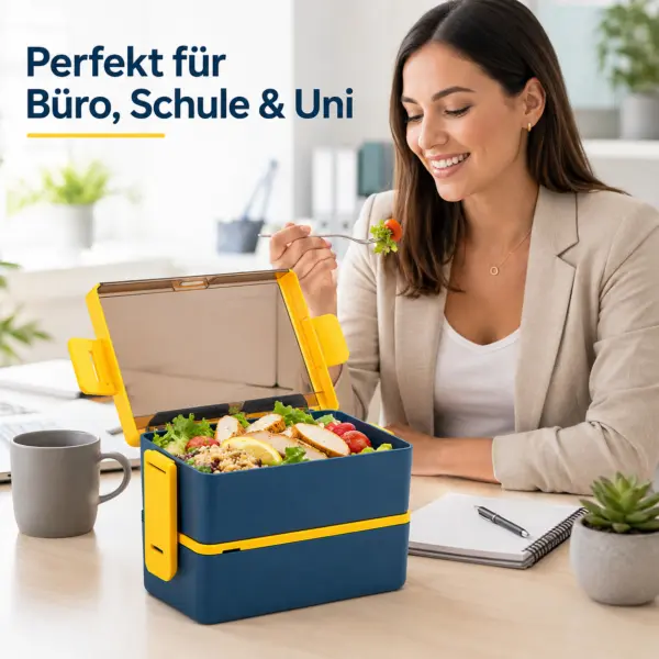 Lunchbox 1400 ml mit 2 Ebenen – stapelbare Brotdose mit Löffel & Gabel, blau-gelb, ideal für Schule, Büro, Picknick & unterwegs