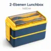 Lunchbox 1400 ml mit 2 Ebenen – stapelbare Brotdose mit Löffel & Gabel, blau-gelb, ideal für Schule, Büro, Picknick & unterwegs