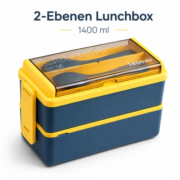 Lunchbox 1400 ml mit 2 Ebenen – stapelbare Brotdose mit Löffel & Gabel, blau-gelb, ideal für Schule, Büro, Picknick & unterwegs