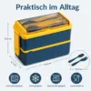 Lunchbox 1400 ml mit 2 Ebenen – stapelbare Brotdose mit Löffel & Gabel, blau-gelb, ideal für Schule, Büro, Picknick & unterwegs