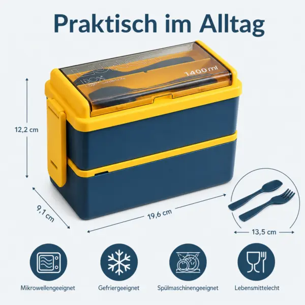Lunchbox 1400 ml mit 2 Ebenen – stapelbare Brotdose mit Löffel & Gabel, blau-gelb, ideal für Schule, Büro, Picknick & unterwegs